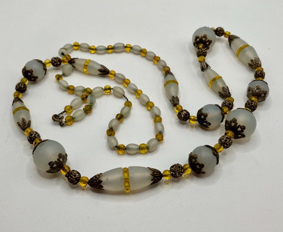 Vintage Frosted Glass Bead Necklace with Brass Fi… - image 2