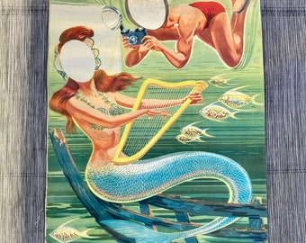 Amazing Vintage Lithograph Carnival Photo Prop Poster Two Sided Mermaid and Pirate