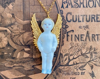 Antique German Bisque Frozen Charlotte Angel Doll Pendant Necklace