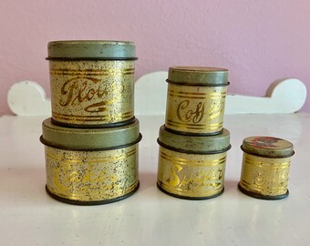 Charming Set of Five Vintage Miniature Kitchen Canisters Circa 1920's or 1930's