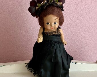 Charming Vintage Composition Flapper Girl Kewpie Type Doll with Real Hair