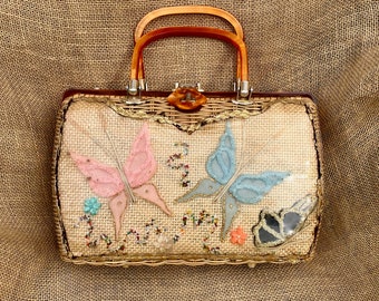 Kitschy Vintage Tropic of Miami Florida Wicker Purse with Lucite Handles Beading and Butterflies