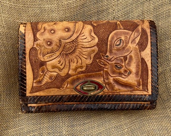 Vintage Hand Tooled Leather Clutch Purse Made in Mexico with Deer and Fawn