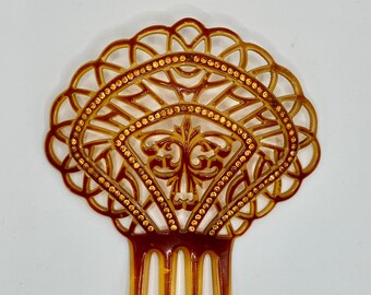 Golden Amber Colored Art Deco Celluloid Hair Comb with Rhinestones