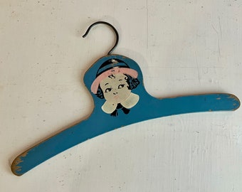 Vintage Wood Hanger for Children's Clothing Little Boy Blue