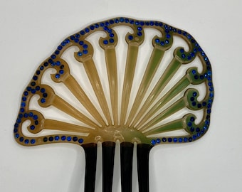 Beautiful Art Deco Celluloid Hair Comb Blue Rhinestones Ombre Coloration