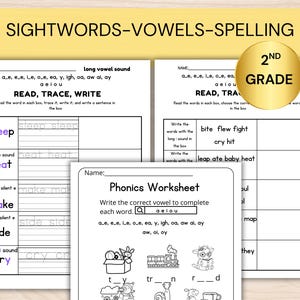 May include: Black and white printable worksheet for second grade students. The worksheet focuses on sight words, vowels, and spelling. The worksheet includes a section for long vowel sounds and a phonics worksheet.