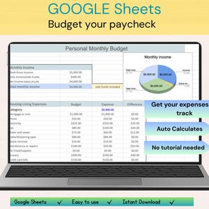 May include: A laptop screen displaying a Google Sheets spreadsheet with a personal monthly budget. The spreadsheet includes a section for monthly income and housing-living expenses. The spreadsheet also includes a pie chart showing the breakdown of monthly income. The text "Get your expenses on track" is displayed in a blue box. The text "Auto Calculates" is displayed in a blue box. The text "No tutorial needed" is displayed in a blue box. The text "Google Sheets" is displayed at the bottom of the screen.