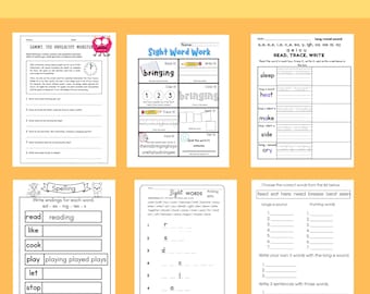 May include: A collection of second-grade worksheets on a yellow background. The worksheets cover topics like sight words, spelling, and long vowel sounds. One worksheet features a monster character. The text "SECOND GRADE" is at the top.