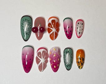Hand Painted Fruit Salad Press On Nails | Summer Nail Art