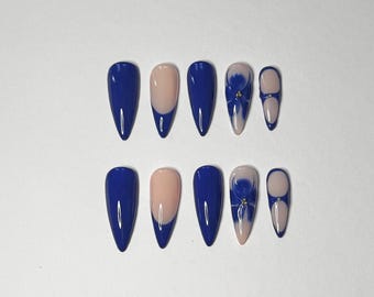 Handmade Royal Blue Press On Nails | French Tip Marble Rhinestone Nail Set