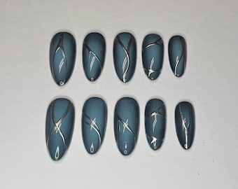 Teal Abstract Line Art Press-On Nails – Glossy Blue Design, Silver Detailing, Handmade, Reusable