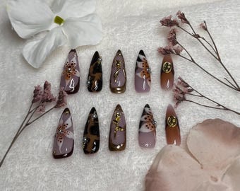 Floral Print Press On Nails – Gold Charm Stiletto, Reusable Luxe Set