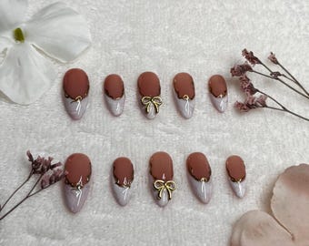 Mocha Dip Press On Nails – Gold Accents, Marble French Tips, 3D Bow