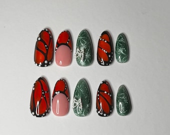 Butterfly Wing Press On Nails | Emerald Cat Eye, 3D Bow, Almond Nail Set