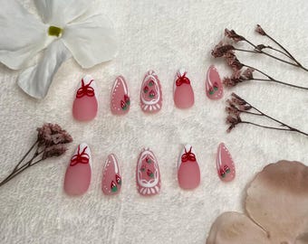 Handpainted Strawberry Lace Press On Nails – Pink Matte Almond, Reusable