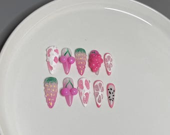 3D Fruit Press On Nails | Pink Stiletto Y2K Nail Art Set