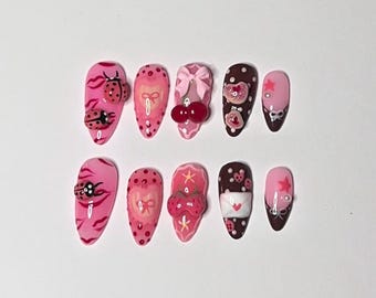 Pink 3D Cherry Bow Press On Nails – Kawaii Ladybug Heart Set