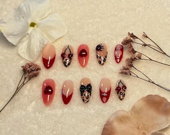 Cherry Bomb Leopard Print Press On Nails – Red Tips, 3D Accents