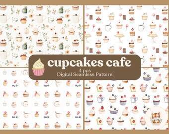 Cupcake Cafe Digital Patterns Bundle | 4 Seamless Dessert-Themed Designs for Crafts, Invitations, and Printables
