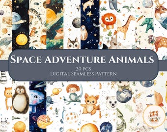 Space Adventure Animals Seamless Patterns 20 Pcs - Whimsical Digital Designs for Creative Projects