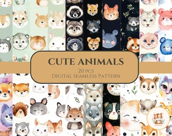 Cute Animal Seamless Patterns – Kawaii Digital Paper, Fabric Design (20 pcs)