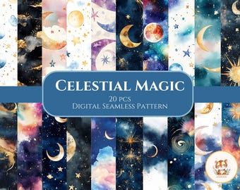 Celestial Seamless Patterns 20 Pcs – Moon, Stars, Mystical Designs (Digital Download)