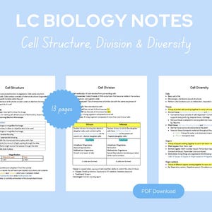 Leaving Cert Biology Cell Structure, Diversity and Division Notes