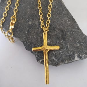 Gold Hammered Cross Necklace, Stick Cross Gold Plated Pewter Cross Pendant, Artesian Religious Cross Necklace, Choose Length