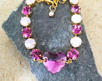 Fushia Pink Heart Crystal Bracelet, Genuine Austria Crystals, Pink Fuchsia Heart Center, Rose Opal, Pink Flash 8mm Cup Link Crystals,