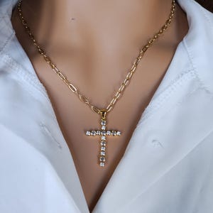 Pave&#39; Cross Pendant Necklace, Cubic Zirconia Pendant Necklace, 14kt Gold Filled Oval Chain, Christian Cross