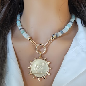 Horse Coin Necklace/ Semi Precious Hand Knotted Stones/ Equestrian Horse Lover/ Derby Jewelry, Removable Pendant.