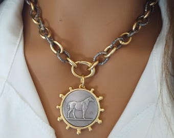 Gold Horse Necklace, Coin Solid Pendant,  Equestrian Derby Necklace, Gunmetal & Gold Sturdy Chain, Choose Length.