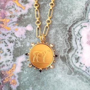 Rhinestone Bezel Horse Coin Necklace, Stamped Coin Replica Pendant Equestrian Derby Jewelry, Western Necklace