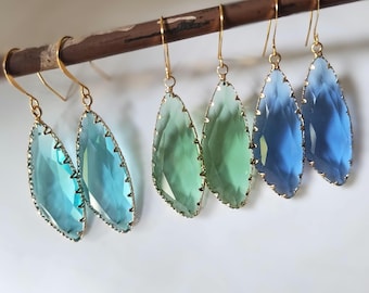 Wing Drop Crystal Earrings, French Hooks, Gold Framed Choice of Blue, Green Or Teal Aqua Blue.