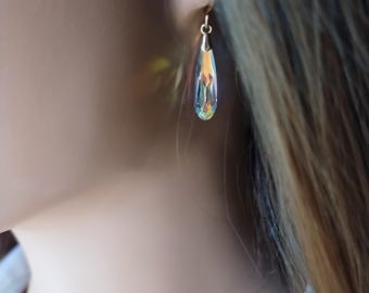 Swarovski Teardrop Earrings AB Crystal, French Hook, Sparkly Arrora Borealis Dangle Earrings, Gold Filled Top.