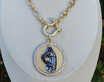 Horse Necklace, Equestrian Derby Horse Necklace, Rhinestones, Antique Silver Horse, Mixed Metal Silver & Gold, Carabiner Clasp