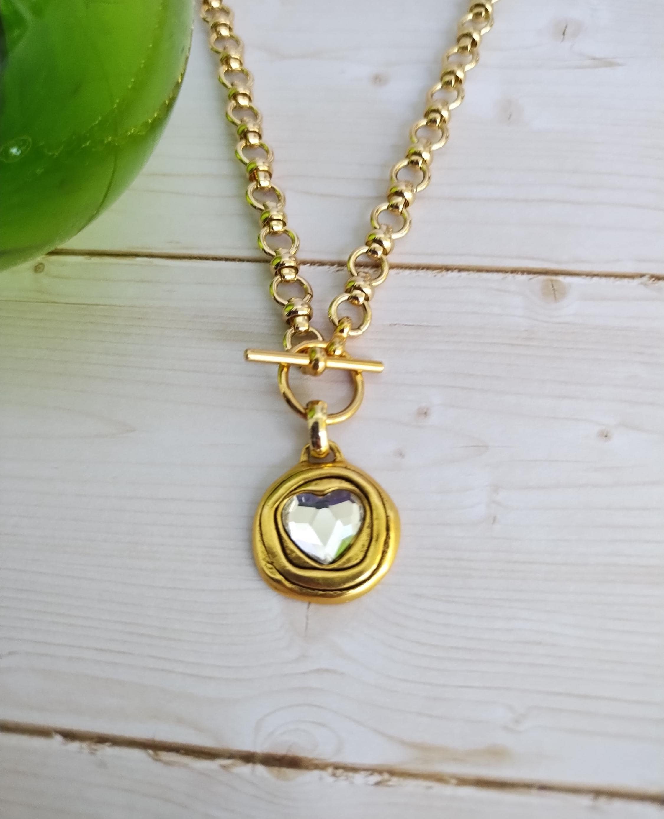 Heart Of Gold Necklace, Dazzling Crystal Heart Pendant, Gold Rolo Chain, Gold Heart Pendant, Toggle Clasp Necklace Choose Length