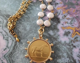 Horse Coin Necklace, Pearl Chain, Equestrian Jewelry Solid Stamped Replica Coin, Choose Gold Or Silver,