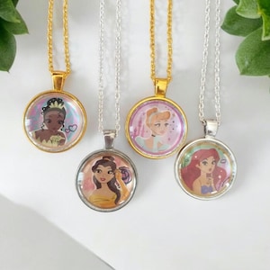 Princess Character Necklace, Cinderella, Belle, Tiana, Ariel, Choice of Gold, Silver