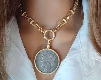Liberty Coin Pendant Necklace, Peace Dollar Replica, Lady Liberty, Front Spring Clasp, Mixed Metal, Matte Gold Chain, Choose Length