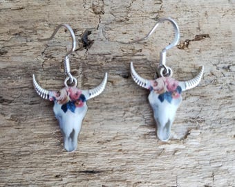 Longhorn Earrings, Flower Bull Head, Cowgirl Dangle Western Earrings.