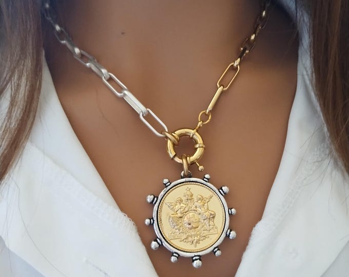 French Angel Necklace, Stamped Coin On Spring Clasp, Gold & Silver Large Link Chain Necklace, Mixed Metal, Paper Clip Chain Necklace.