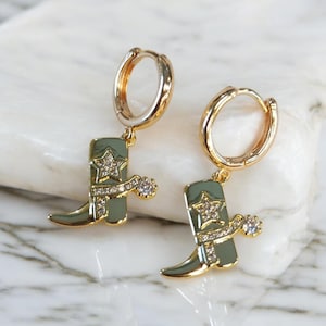 These Boots Are Made For Walking/ Cowgirl Gold Boot Earrings, Gold Pave&#39; Western Boot Huggie Earrings, Western Earrings