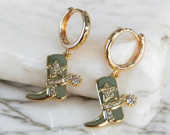 These Boots Are Made For Walking/ Cowgirl Gold Boot Earrings, Gold Pave&#39; Western Boot Huggie Earrings, Western Earrings