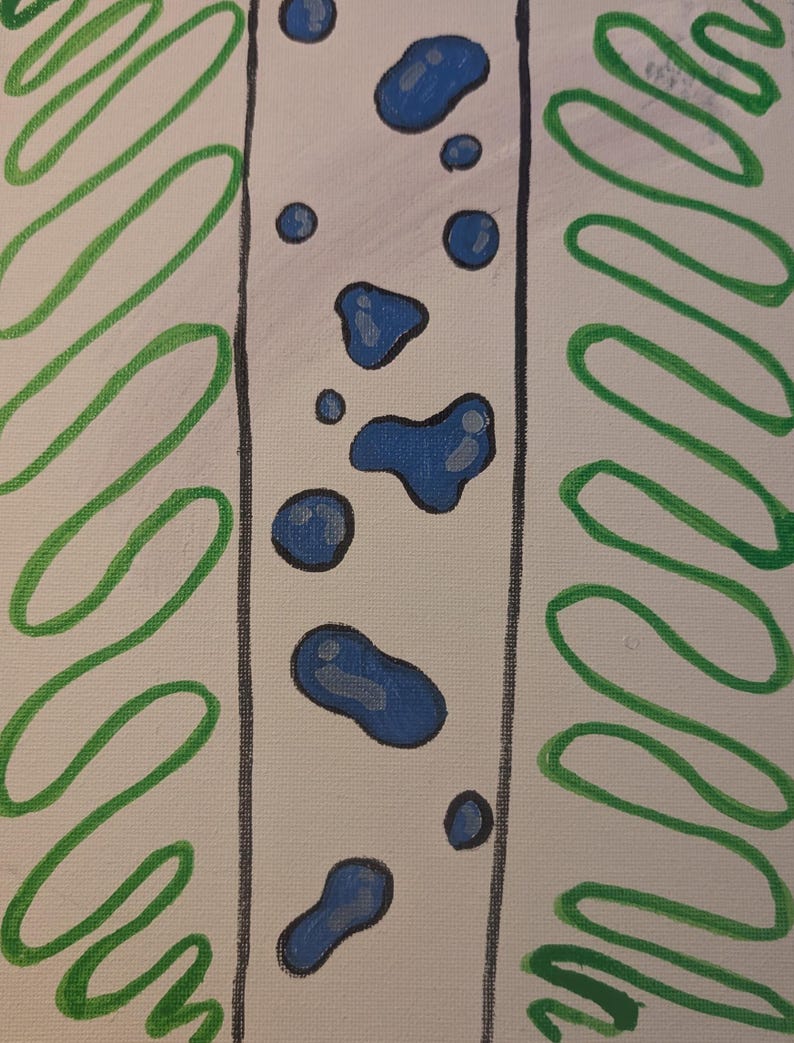 May include: Abstract painting with a white background, two green wavy lines on either side of a vertical white stripe, and blue paint splatters on the white stripe.
