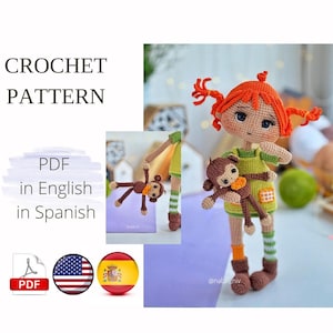 Pippi doll Amigurumi Doll Crochet Pattern PDF English, Spanish Amigurumi Handmade