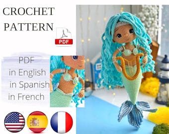 Mermaid Siren doll crochet pattern amigurumi PDF (English/Spanish/French)