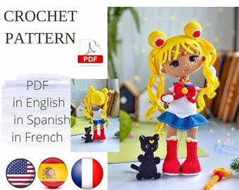 Anime Doll Crochet Pattern, English Spanish French Amigurumi (PDF Pattern)