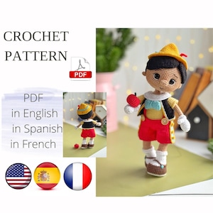 木製の男の子人形のかぎ針編みパターン編みぐるみ PDF (英語/スペイン語/フランス語)